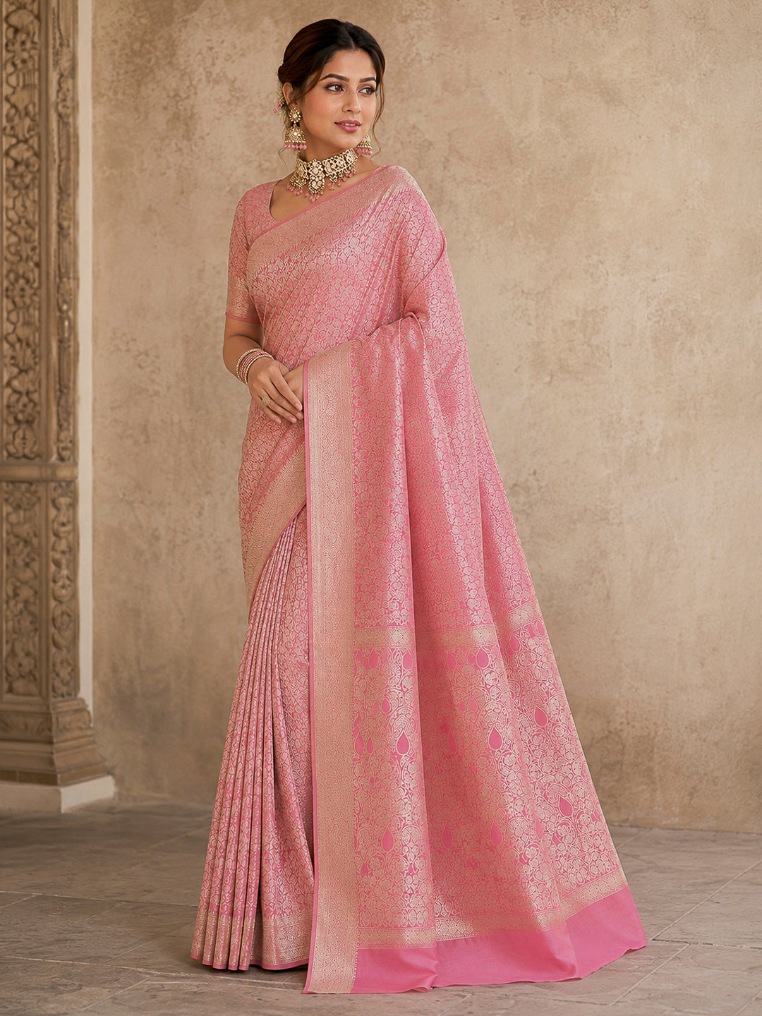 Pink-Lt Tussar Woven Saree