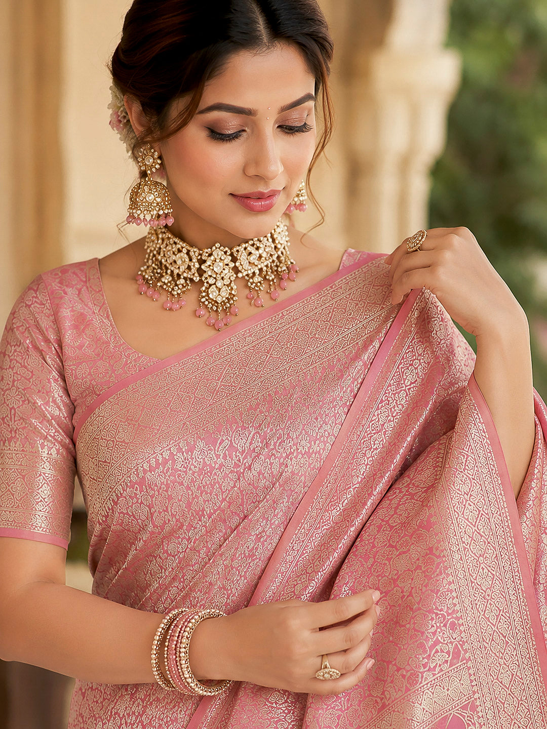 Pink-Lt Tussar Woven Saree