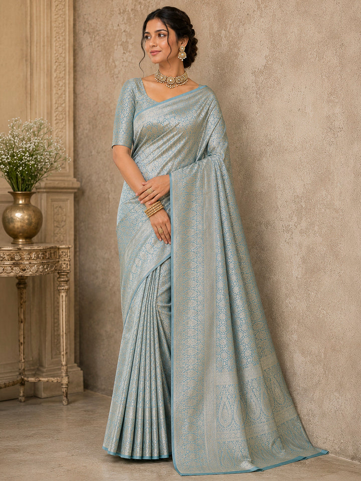 Aqua-Green Tussar Woven Saree