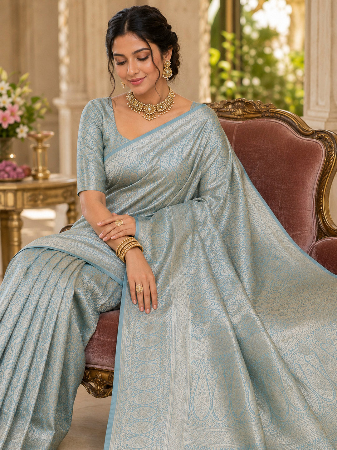 Aqua-Green Tussar Woven Saree