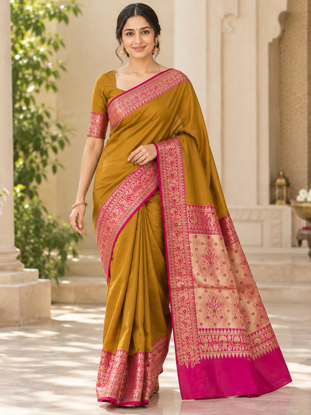 Mustard Art Silk Woven Saree