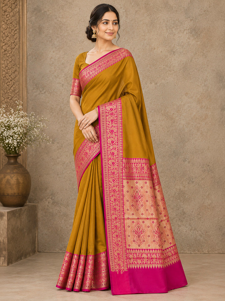 Mustard Art Silk Woven Saree