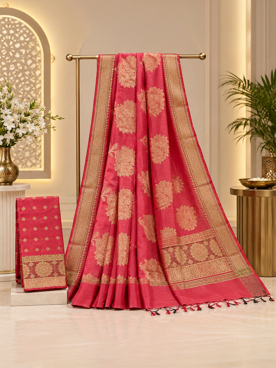 Coral-Pink Woven Design Chanderi Unstitched Dress Material