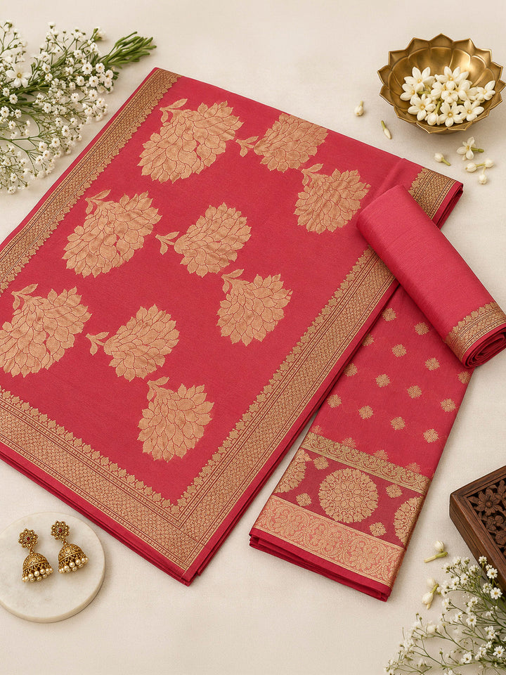 Coral-Pink Woven Design Chanderi Unstitched Dress Material
