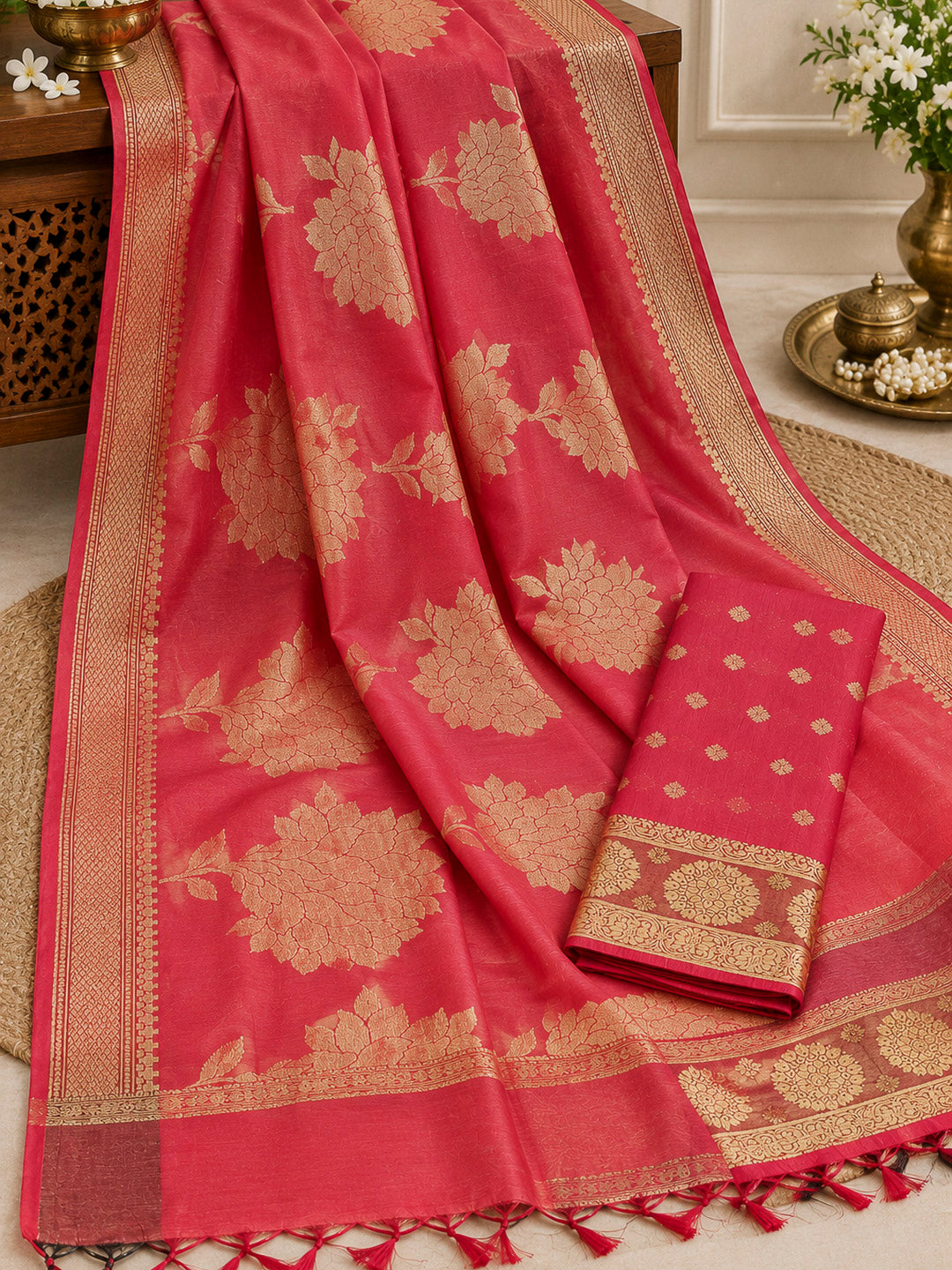 Coral-Pink Woven Design Chanderi Unstitched Dress Material