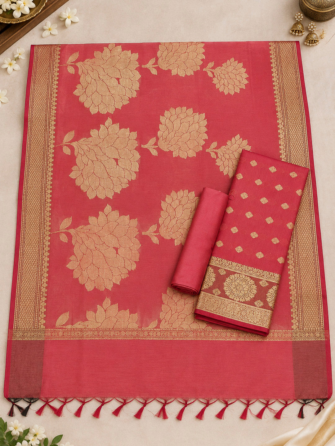 Coral-Pink Woven Design Chanderi Unstitched Dress Material