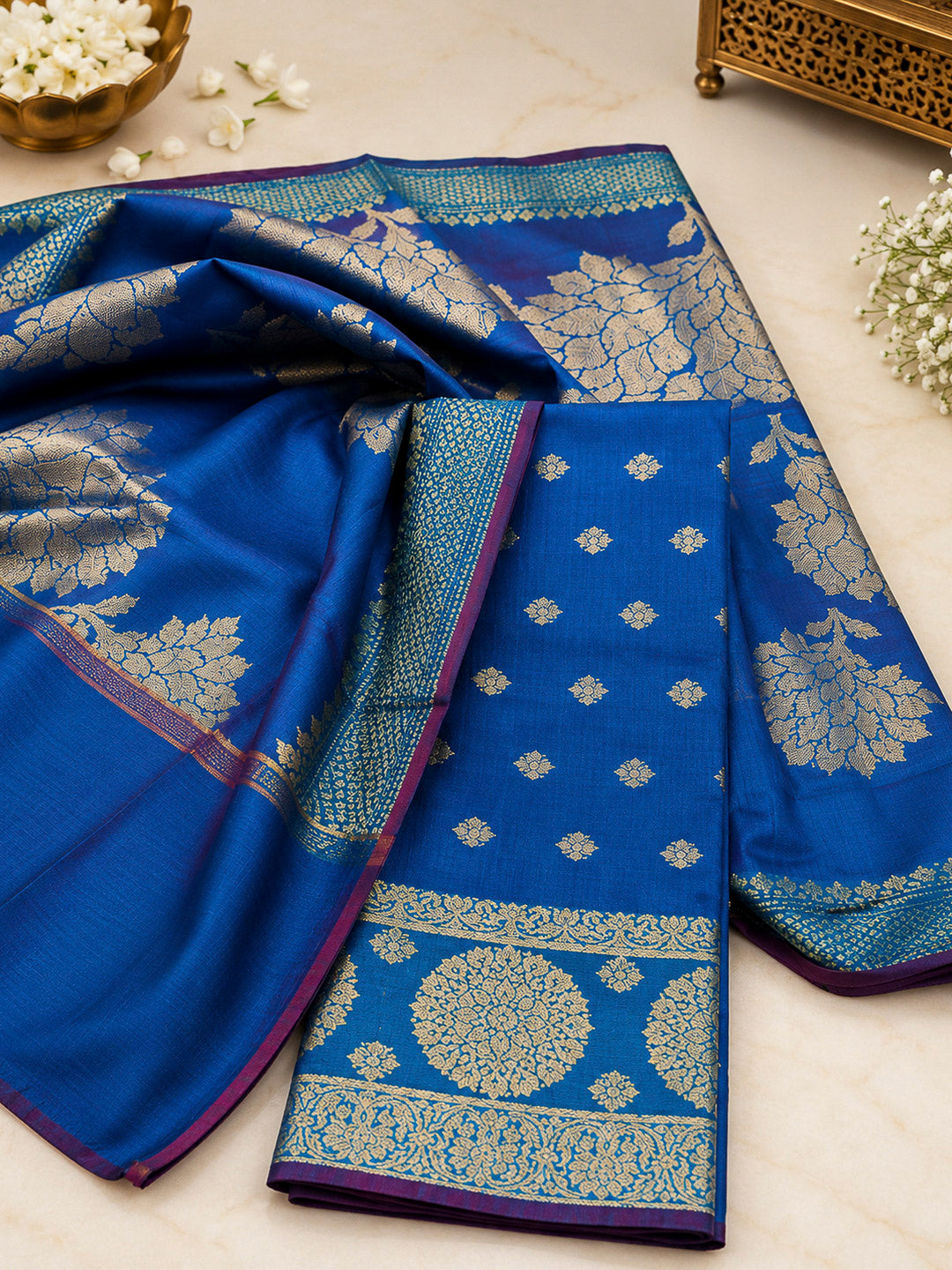 Royal-Blue Woven Design Chanderi Unstitched Dress Material