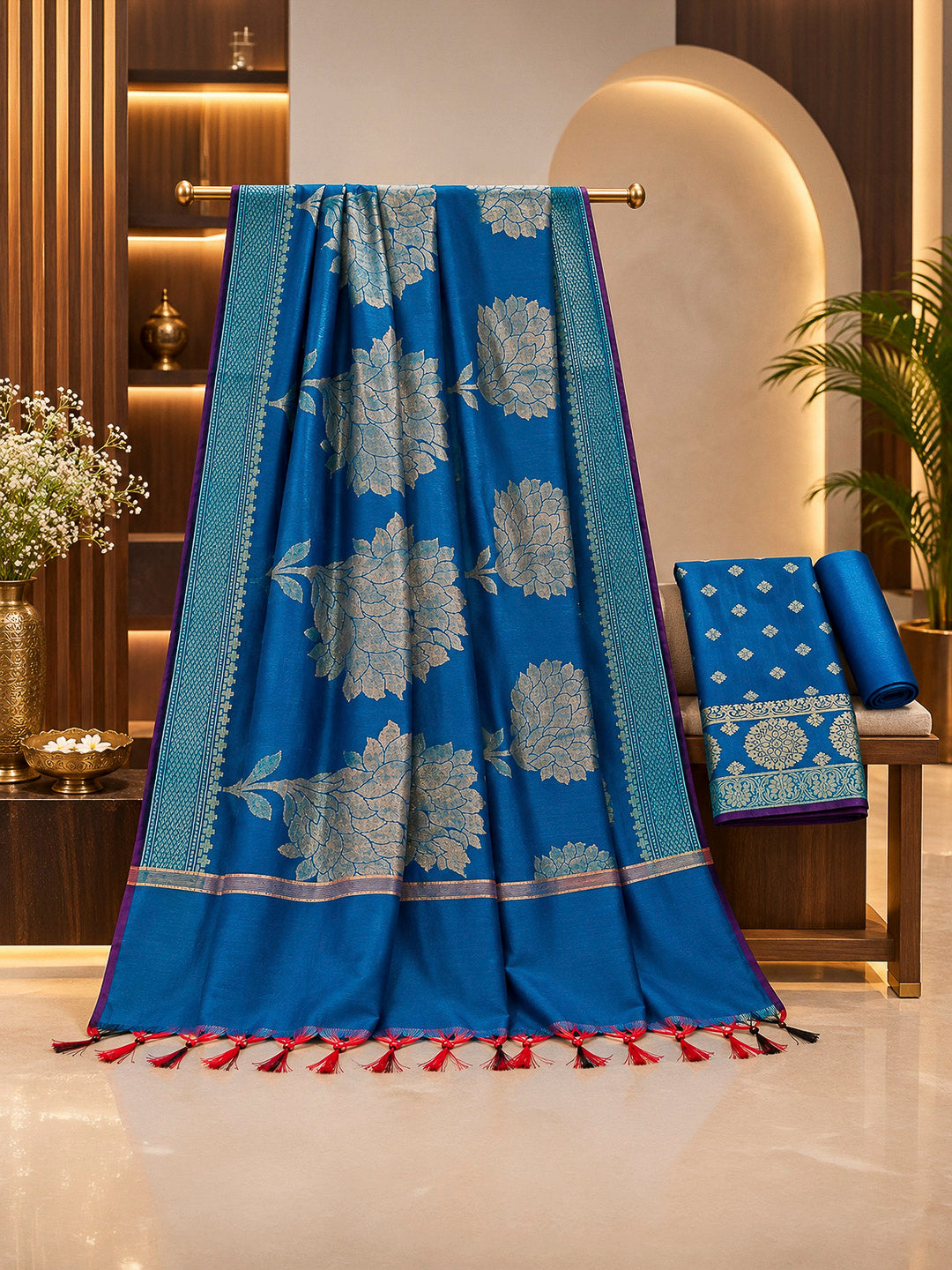 Royal-Blue Woven Design Chanderi Unstitched Dress Material