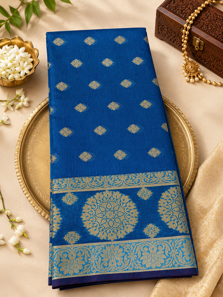Royal-Blue Woven Design Chanderi Unstitched Dress Material