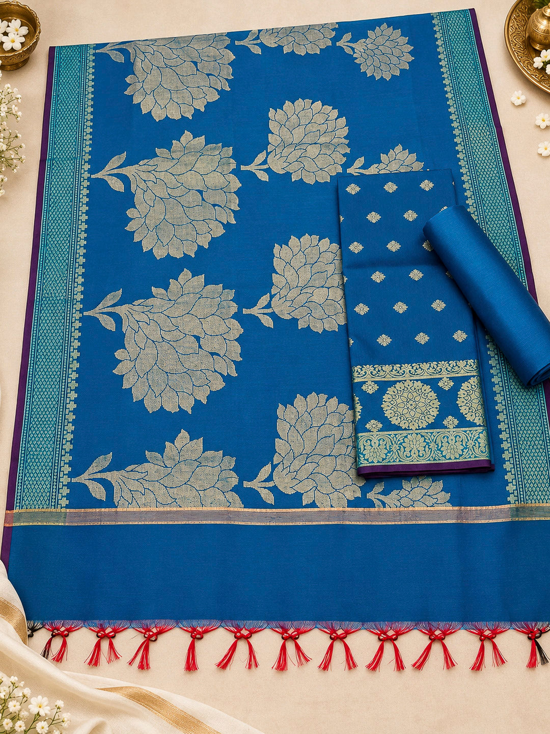 Royal-Blue Woven Design Chanderi Unstitched Dress Material