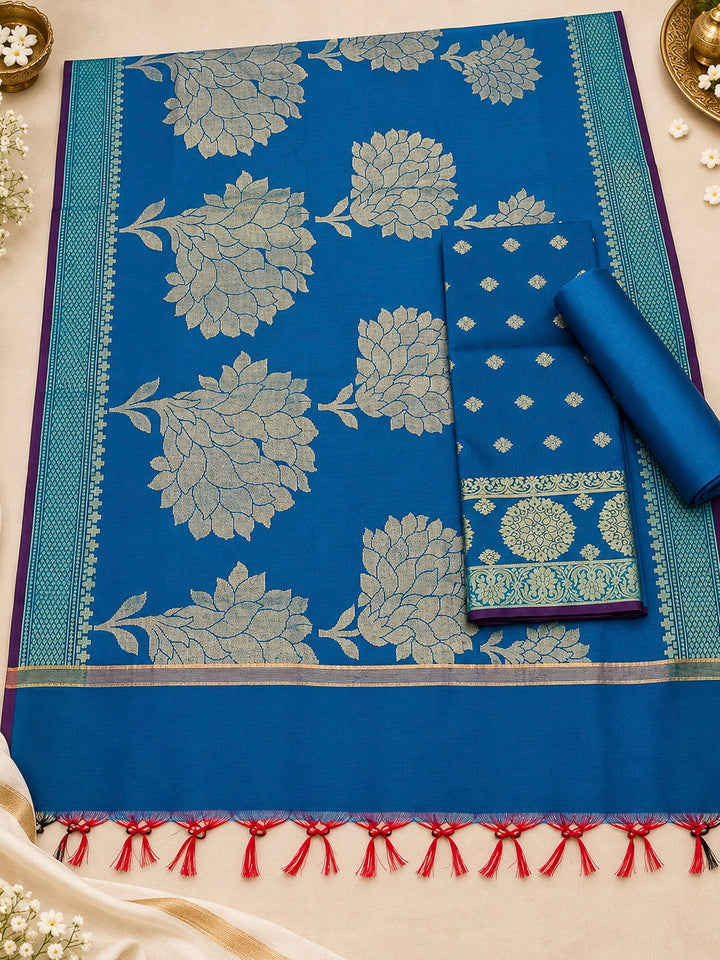 Royal-Blue Woven Design Chanderi Unstitched Dress Material