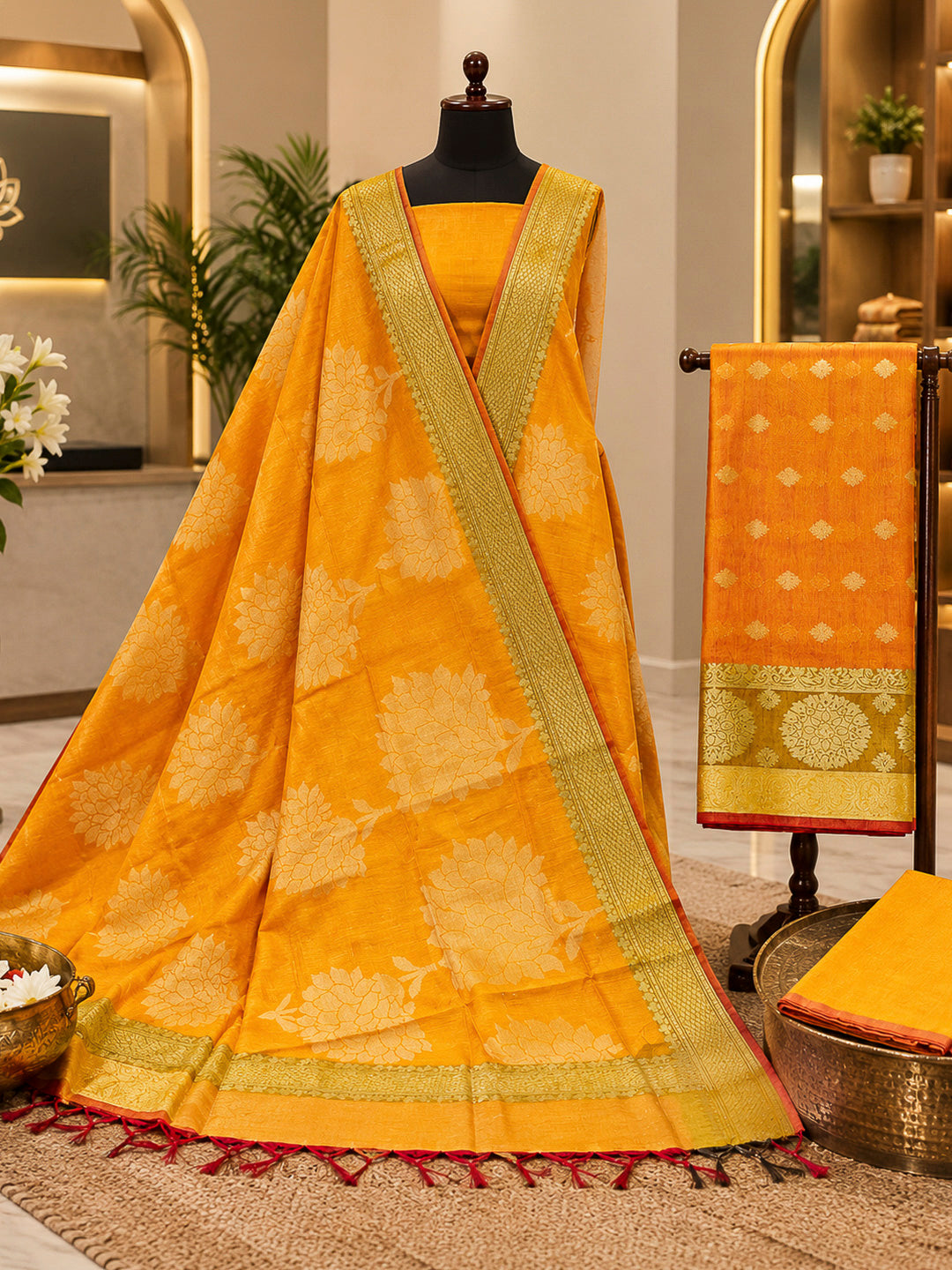 Mustard Woven Design Chanderi Unstitched Dress Material