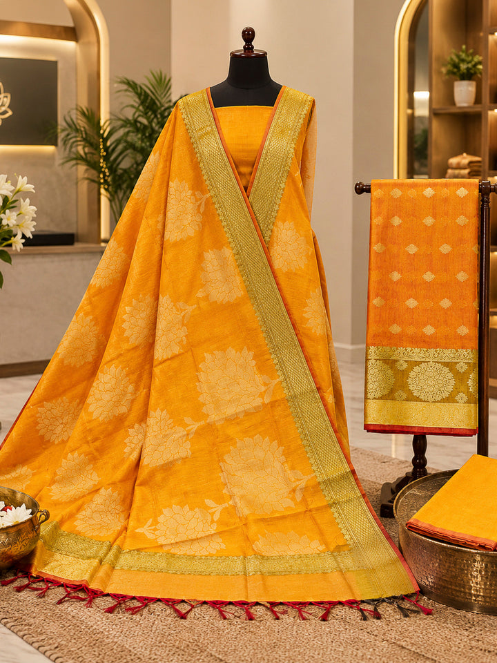 Mustard Woven Design Chanderi Unstitched Dress Material