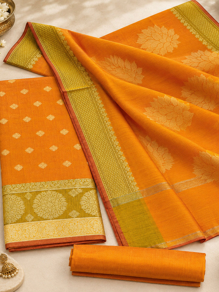 Mustard Woven Design Chanderi Unstitched Dress Material