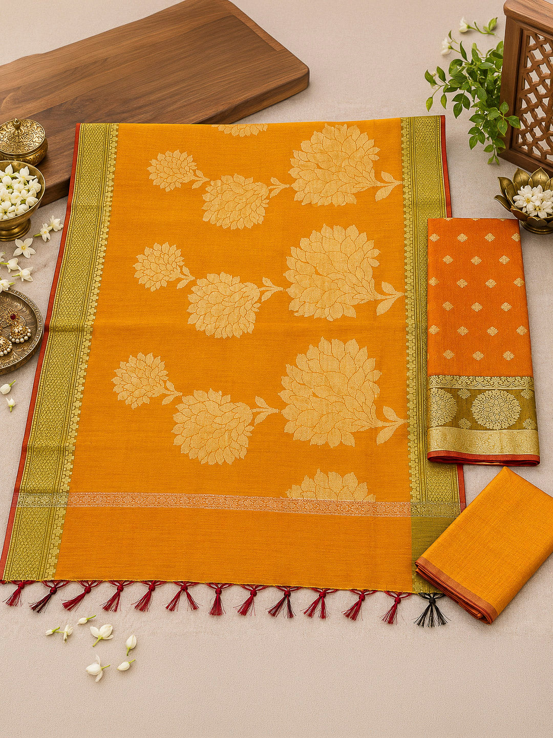 Mustard Woven Design Chanderi Unstitched Dress Material