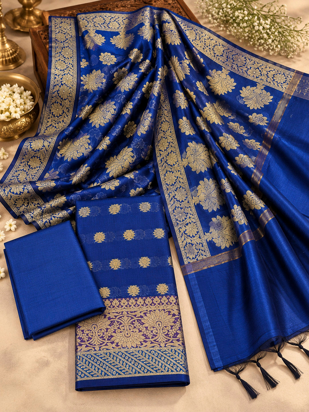 Navy-Blue Woven Design Chanderi Unstitched Dress Material