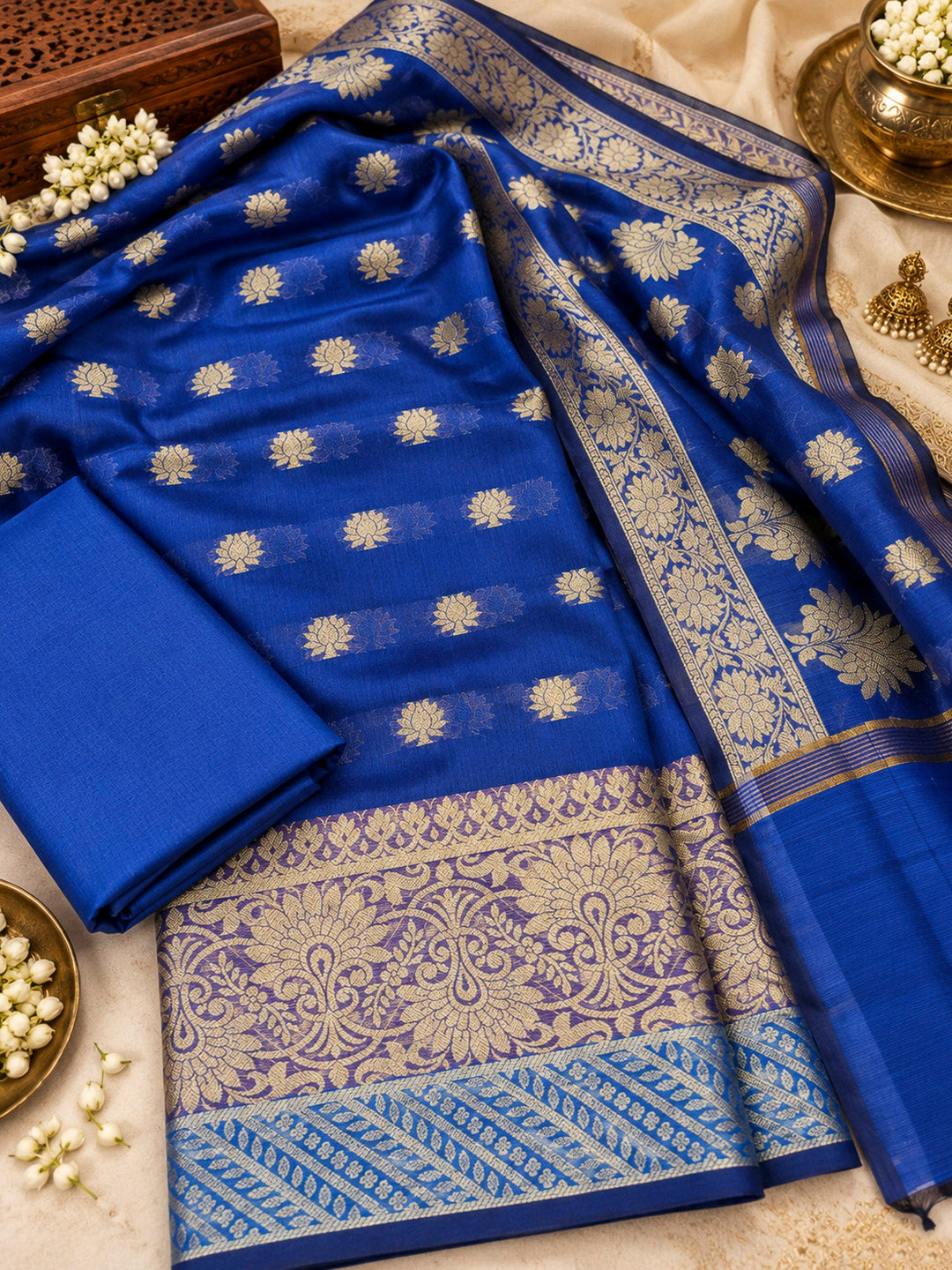 Navy-Blue Woven Design Chanderi Unstitched Dress Material