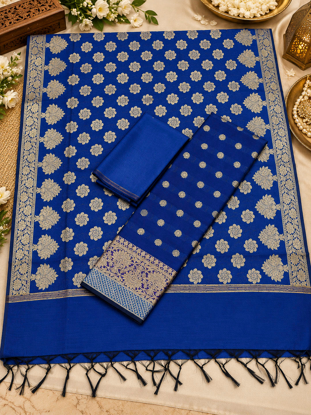Navy-Blue Woven Design Chanderi Unstitched Dress Material