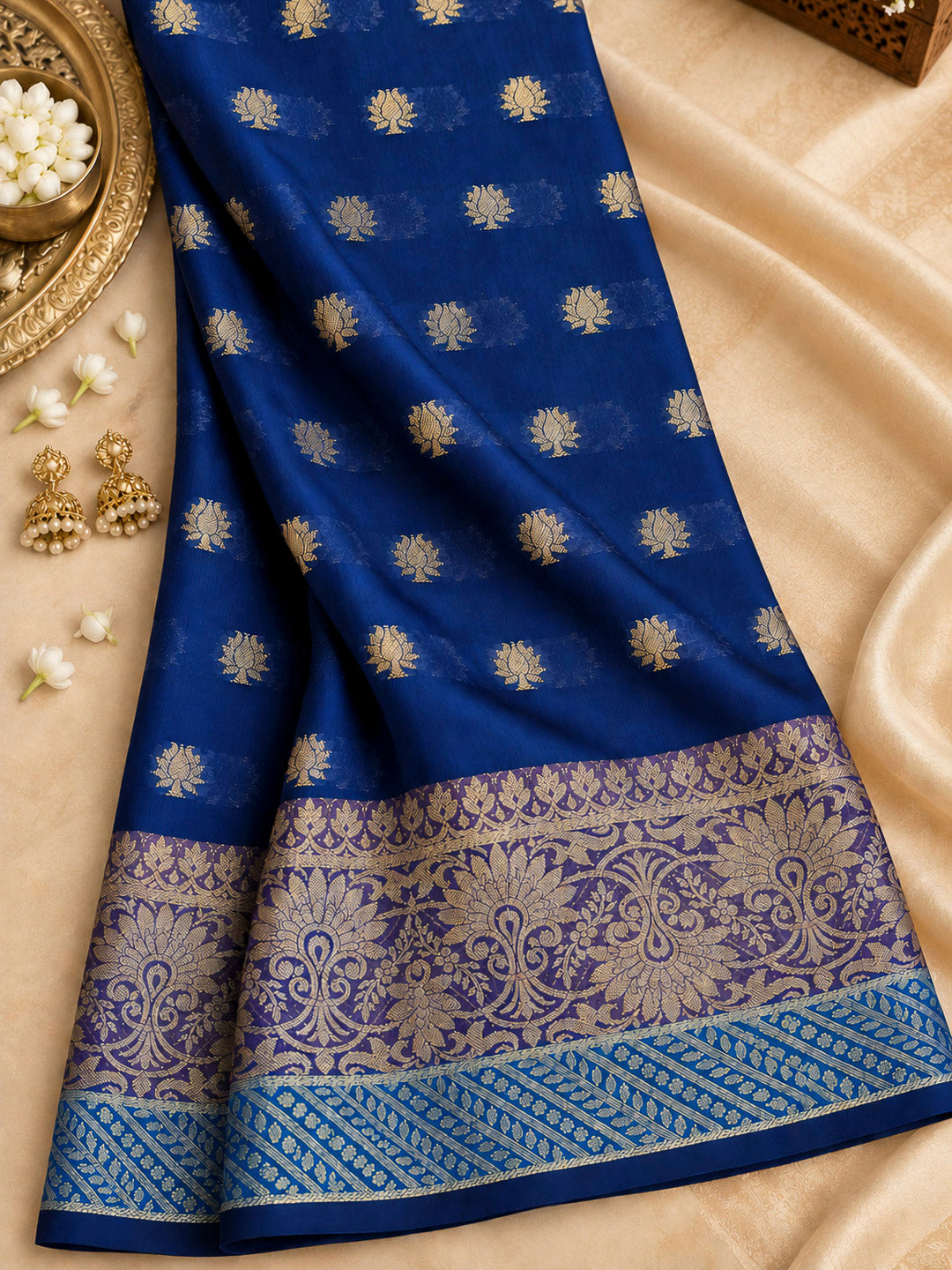 Navy-Blue Woven Design Chanderi Unstitched Dress Material