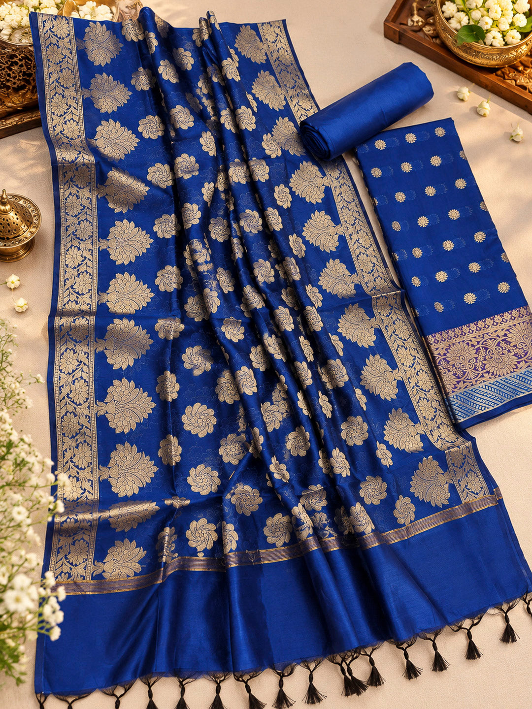 Navy-Blue Woven Design Chanderi Unstitched Dress Material