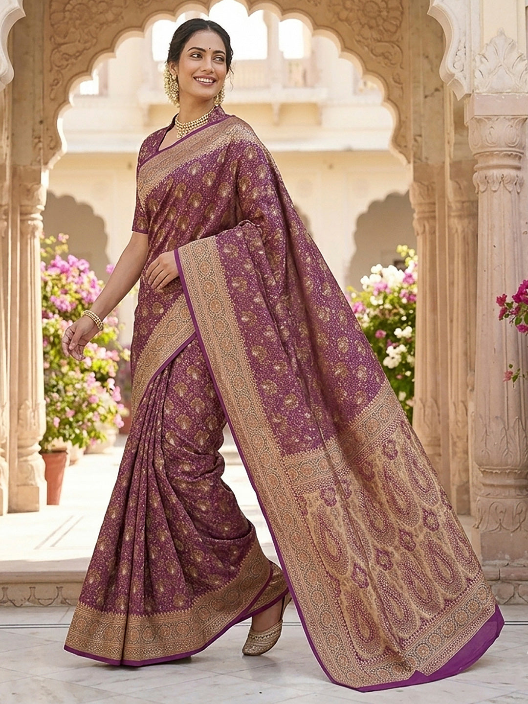 Purple Satin Woven Saree