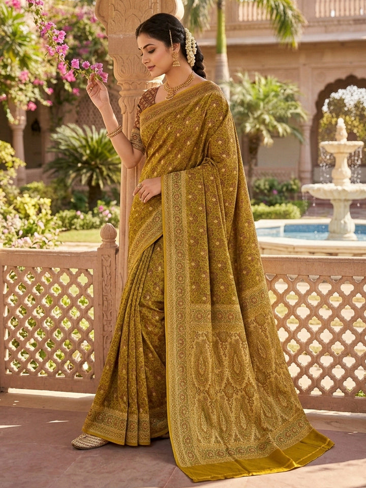 Yellow Satin Woven Saree
