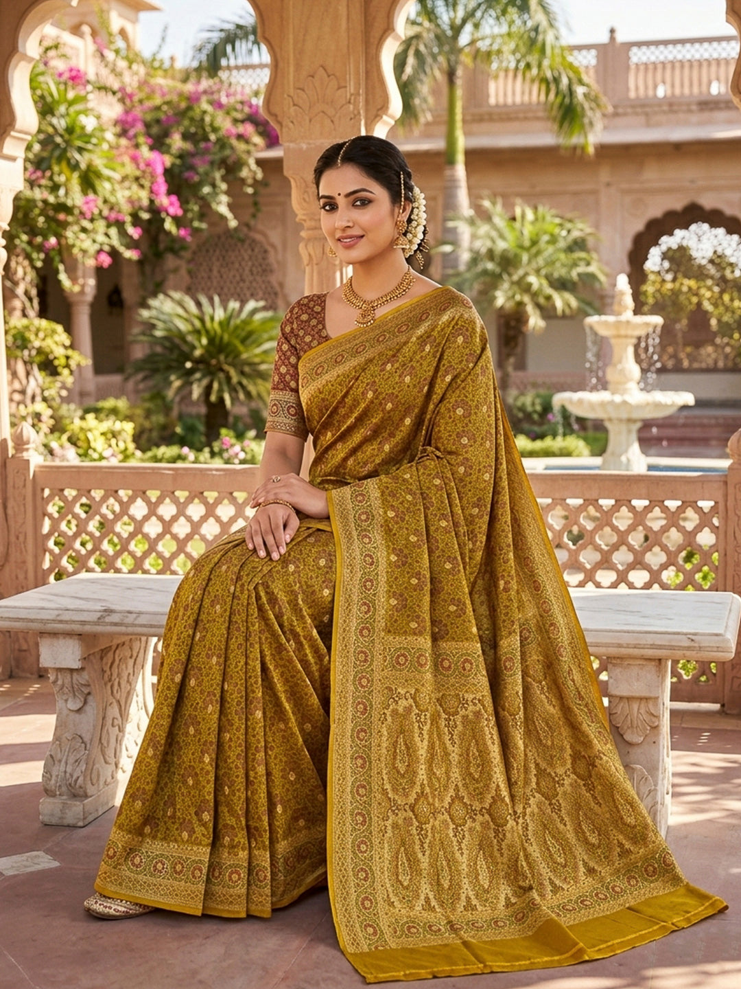 Yellow Satin Woven Saree