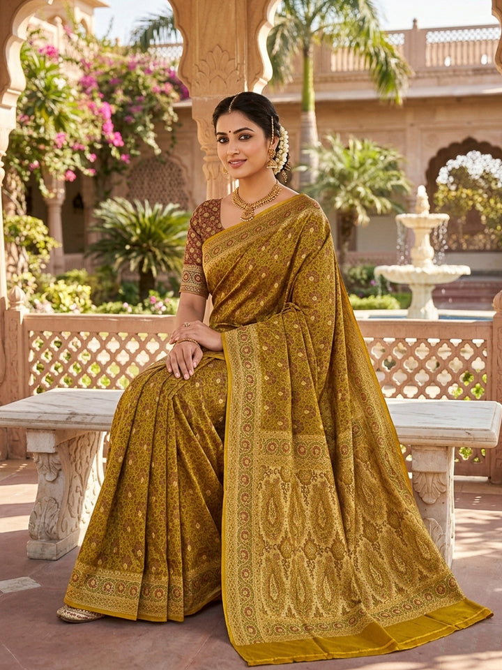 Yellow Satin Woven Saree