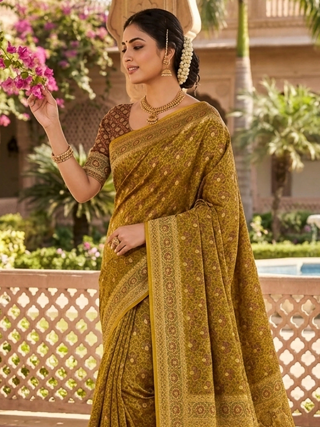 Yellow Satin Woven Saree