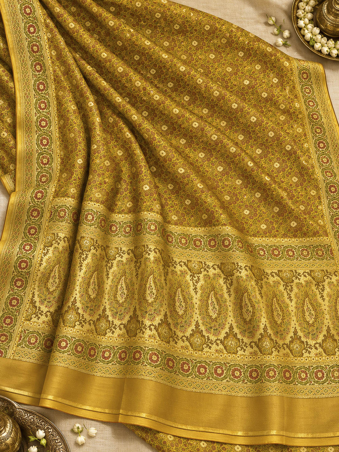 Yellow Satin Woven Saree