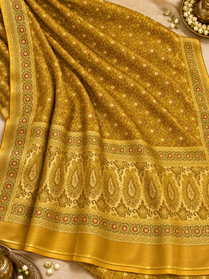 Yellow Satin Woven Saree