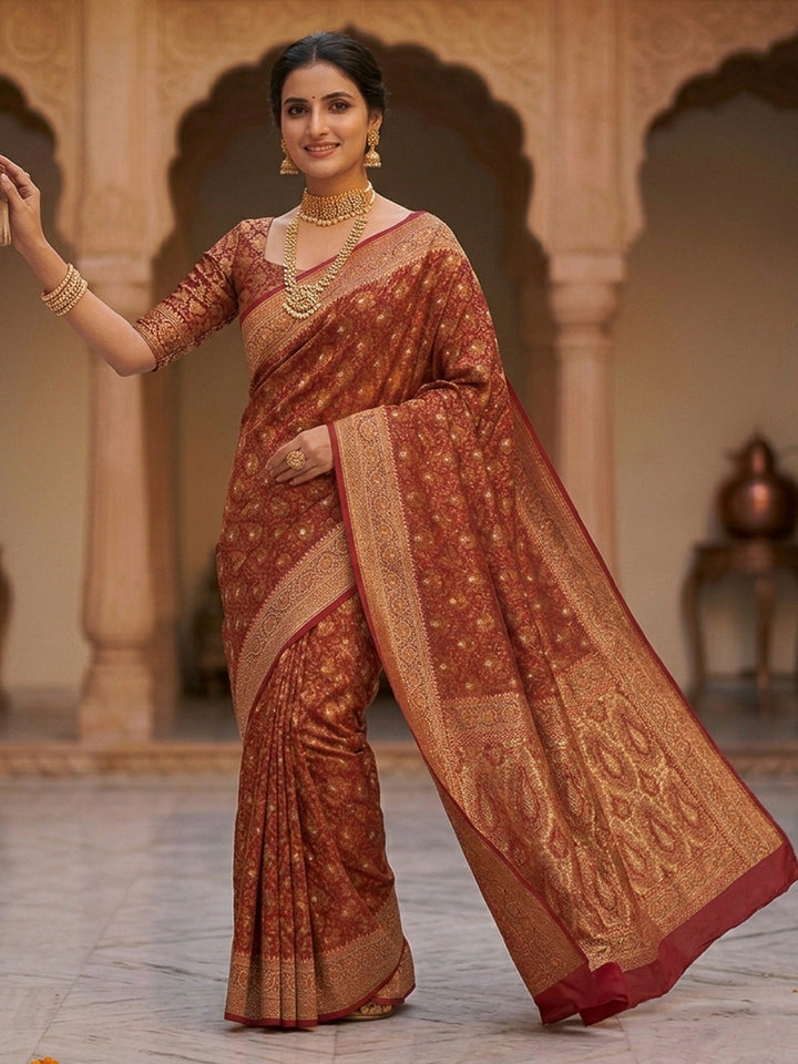 Red Satin Woven Saree