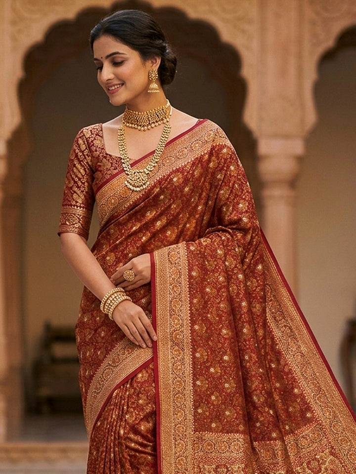 Red Satin Woven Saree