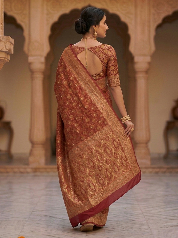 Red Satin Woven Saree