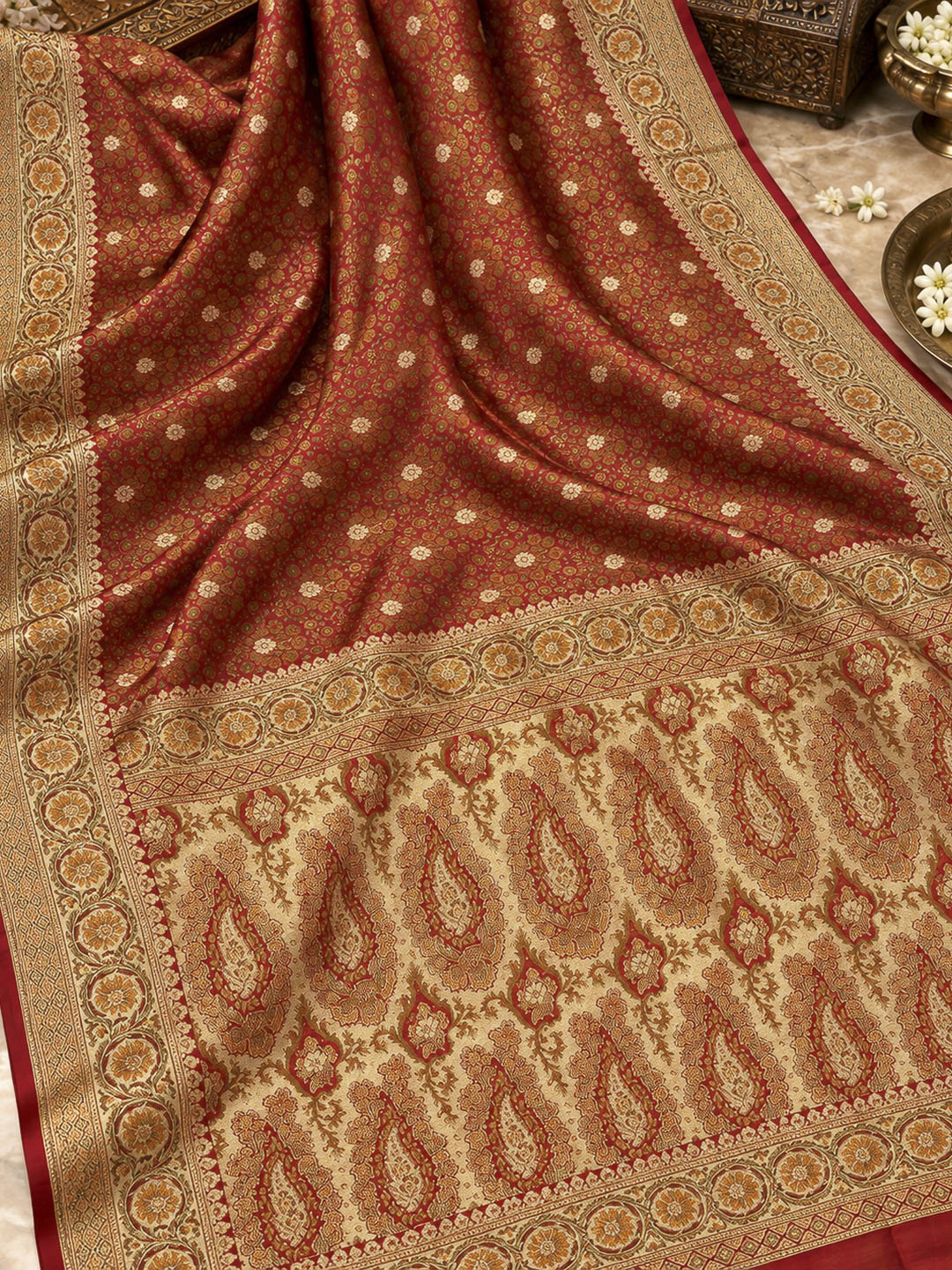 Red Satin Woven Saree