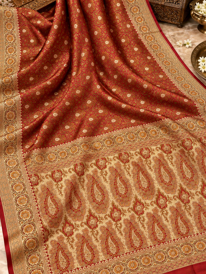 Red Satin Woven Saree