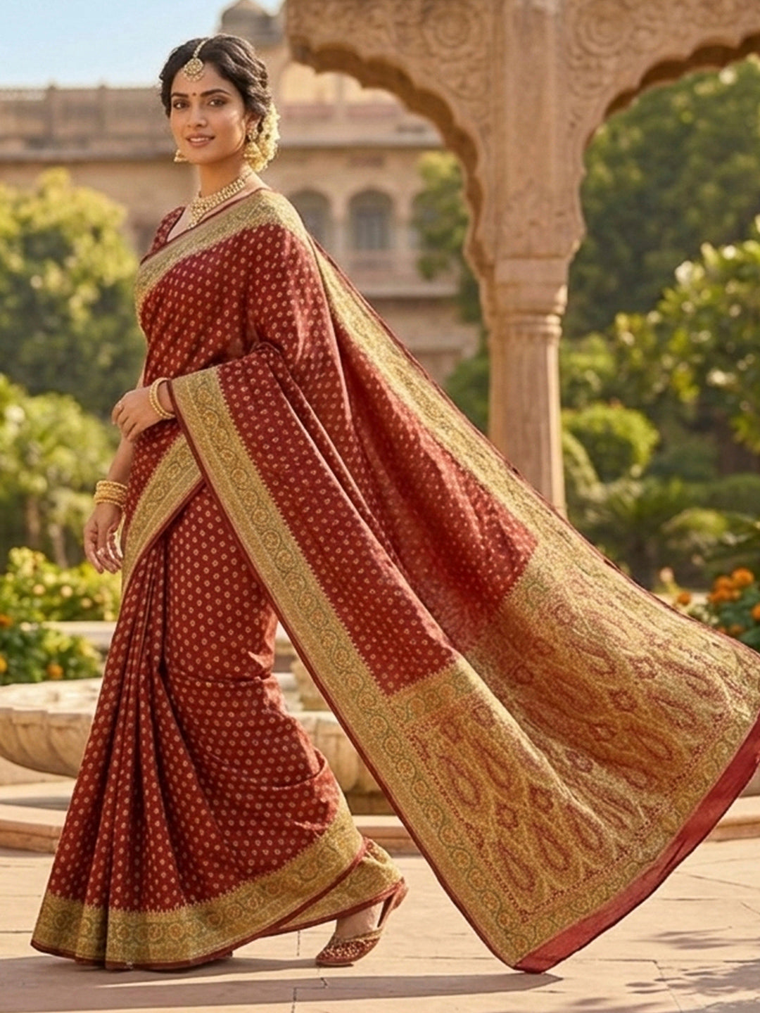Red Satin Woven Saree