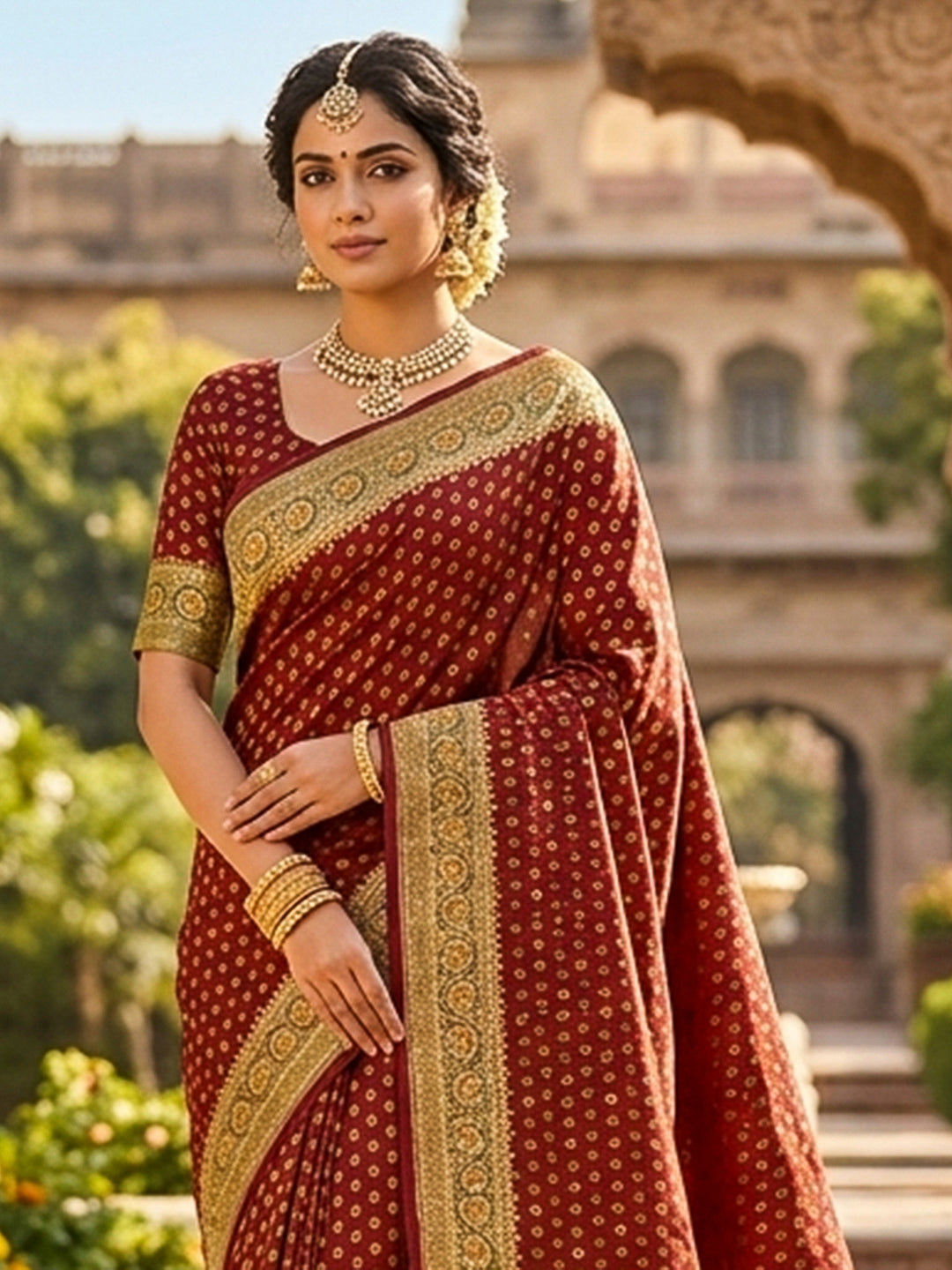 Red Satin Woven Saree