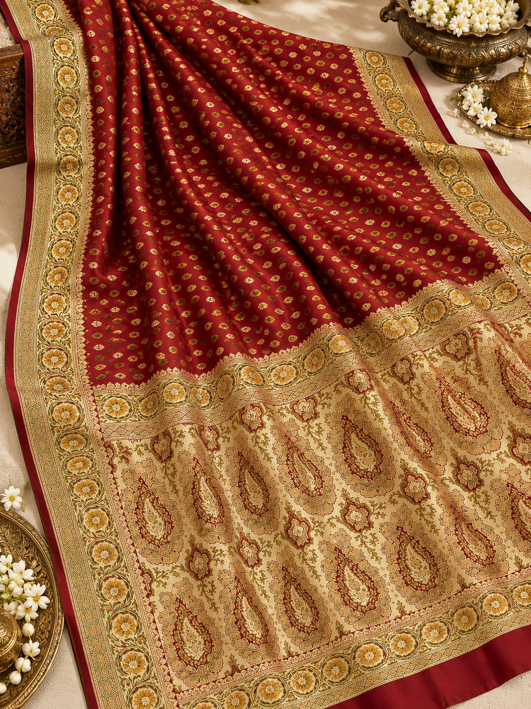 Red Satin Woven Saree