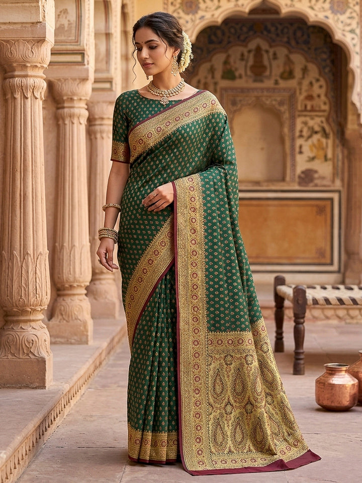 Green Satin Woven Saree