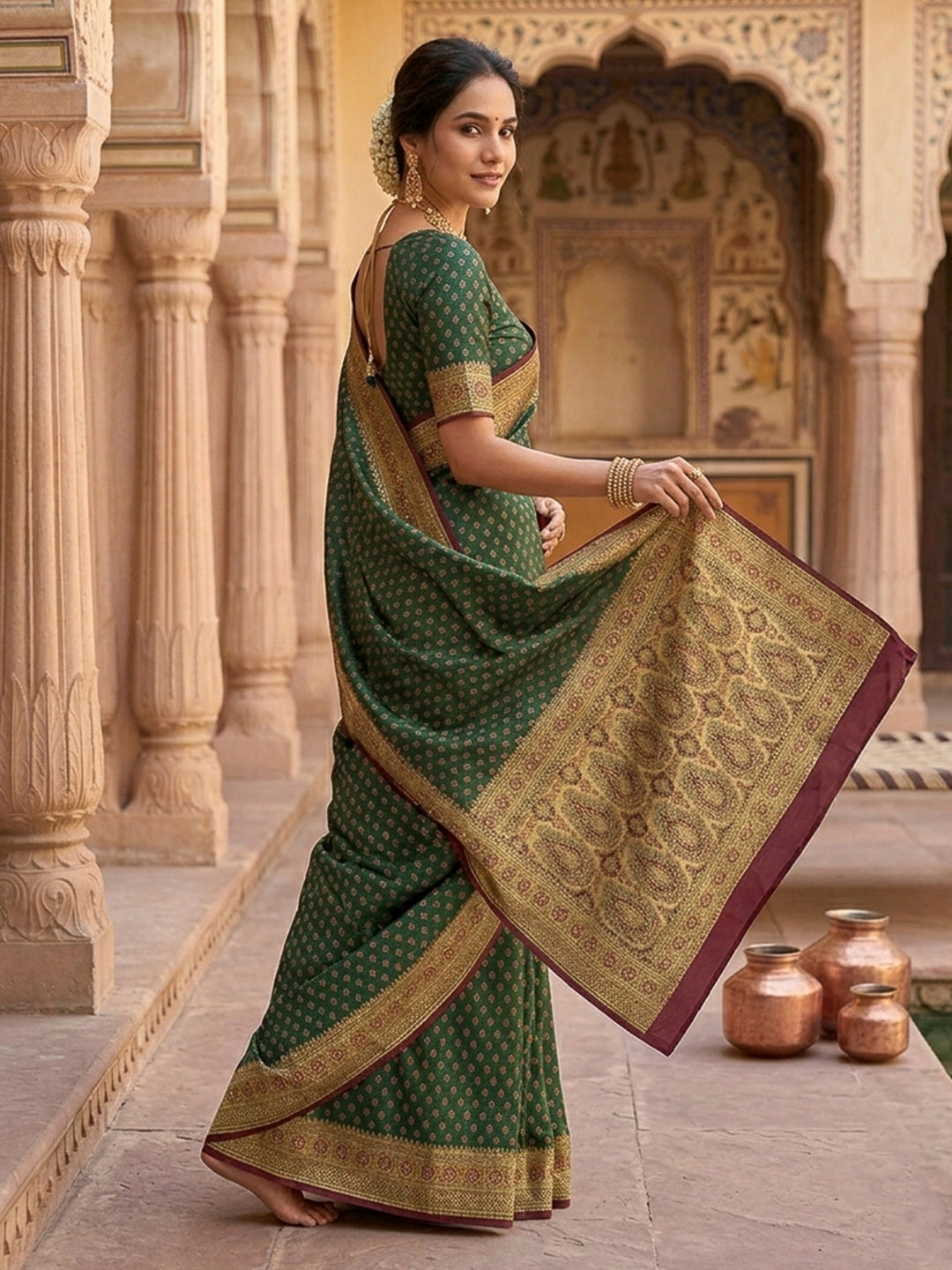 Green Satin Woven Saree