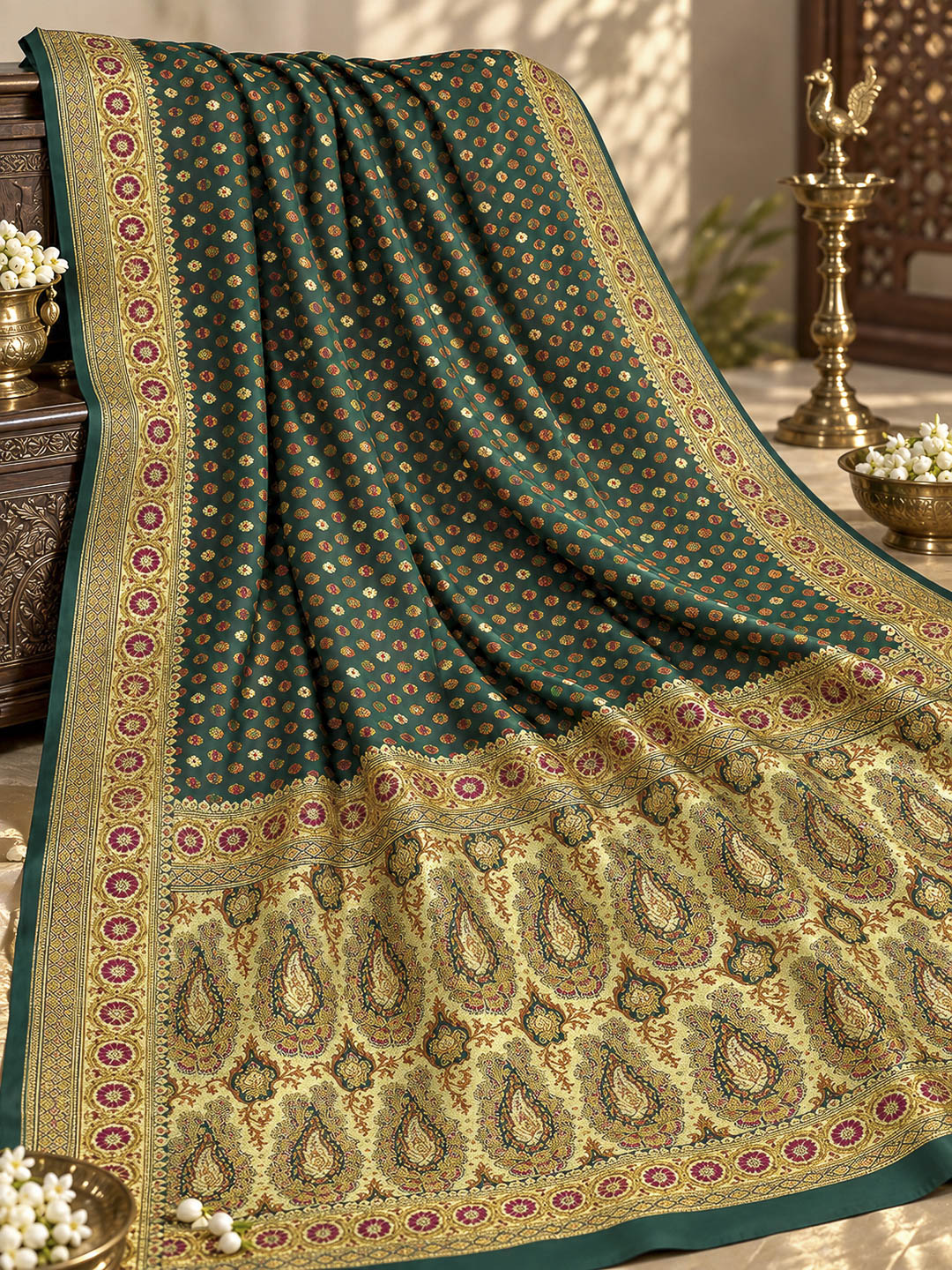 Green Satin Woven Saree