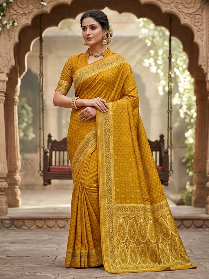 Yellow Satin Woven Saree