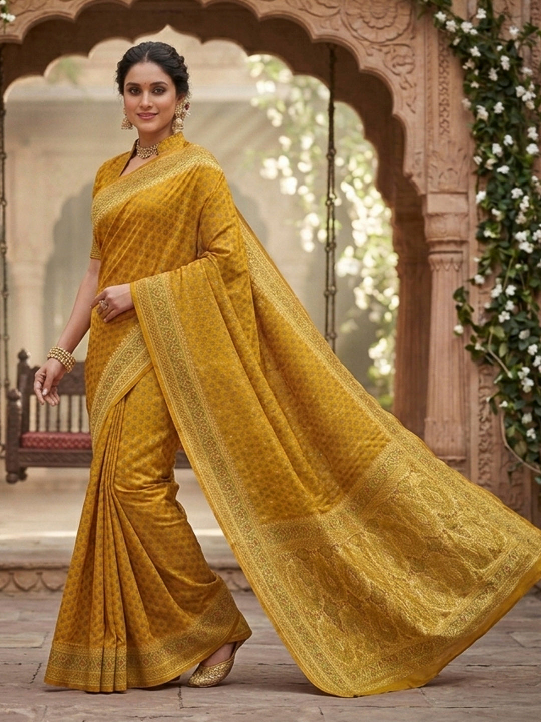 Yellow Satin Woven Saree