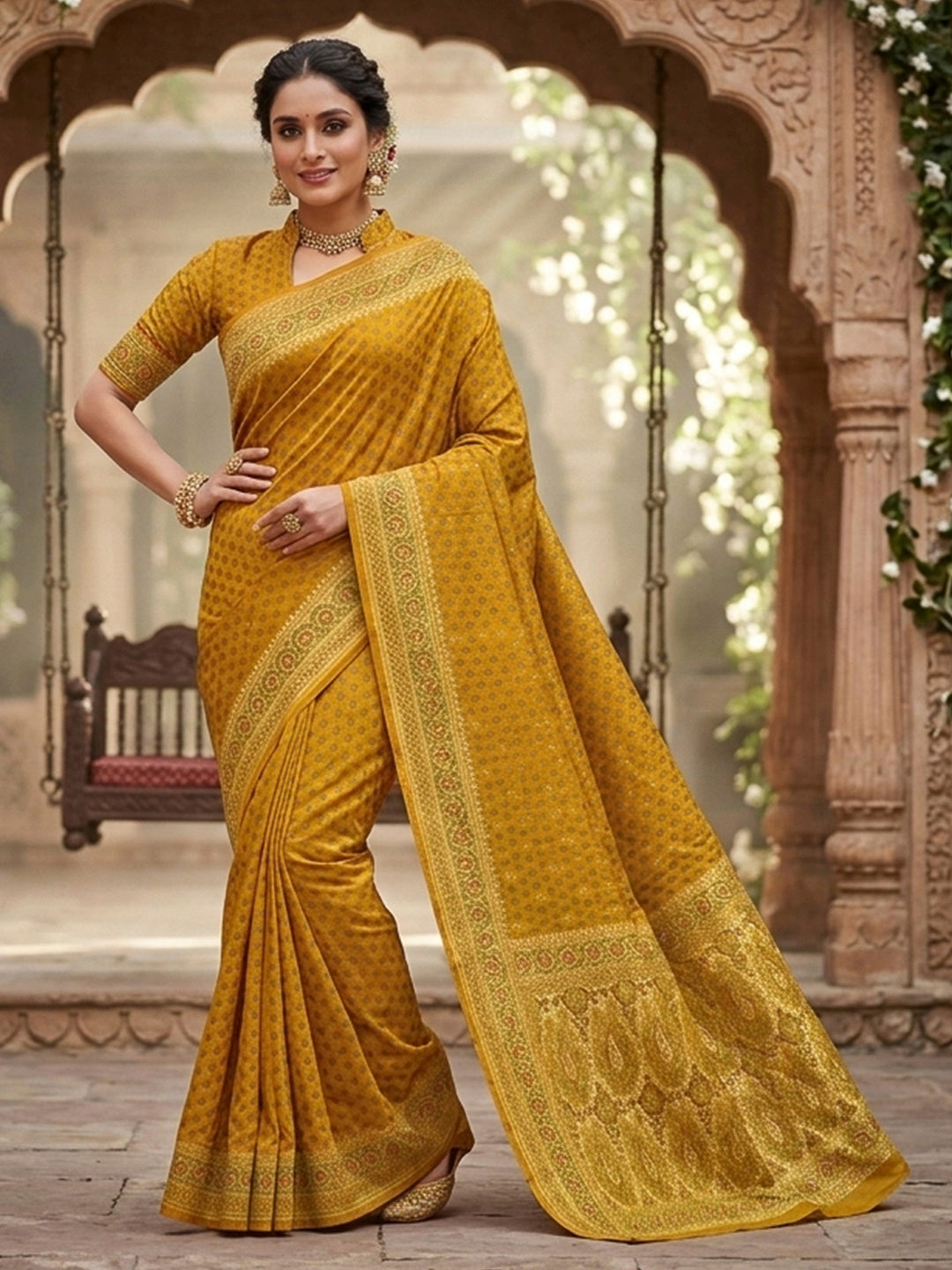 Yellow Satin Woven Saree