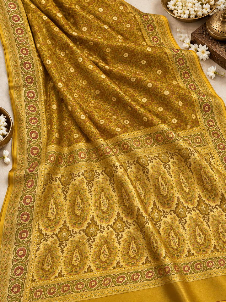 Yellow Satin Woven Saree