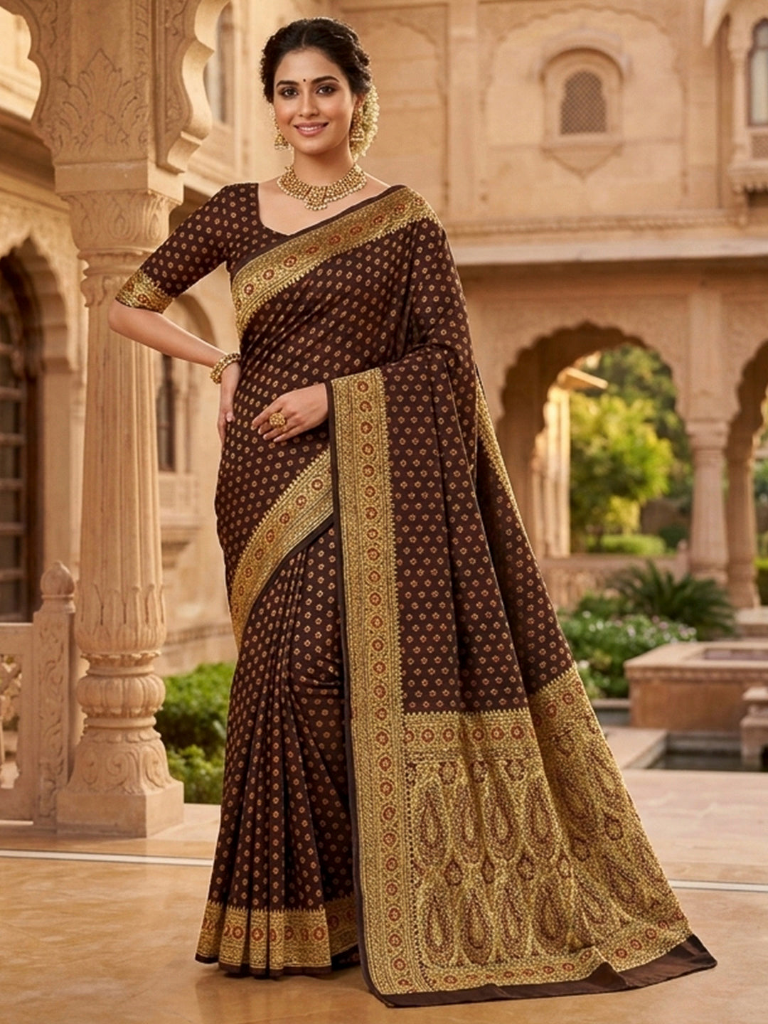 Brown-Black Satin Woven Saree