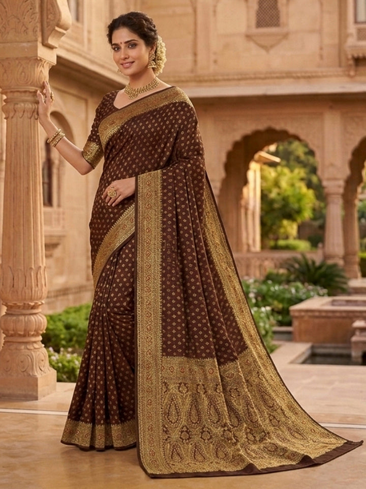 Brown-Black Satin Woven Saree