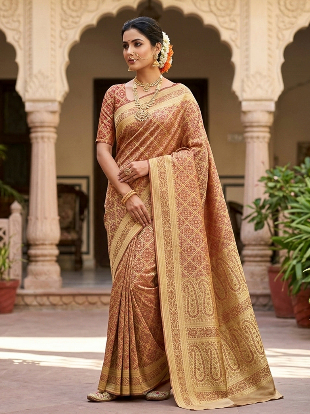 Tussar-Beige Satin Woven Saree