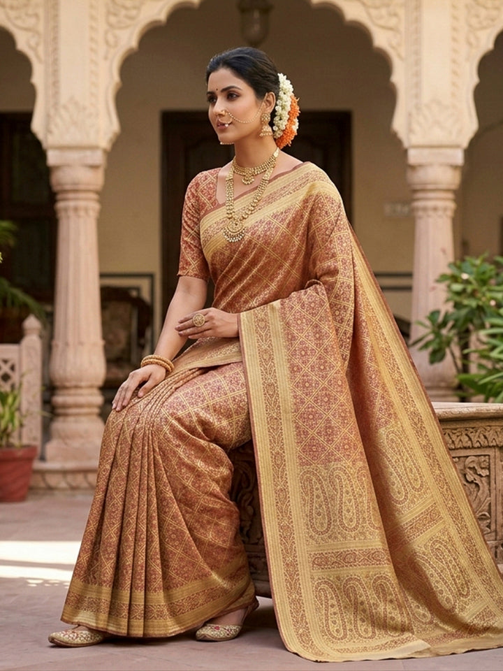 Tussar-Beige Satin Woven Saree